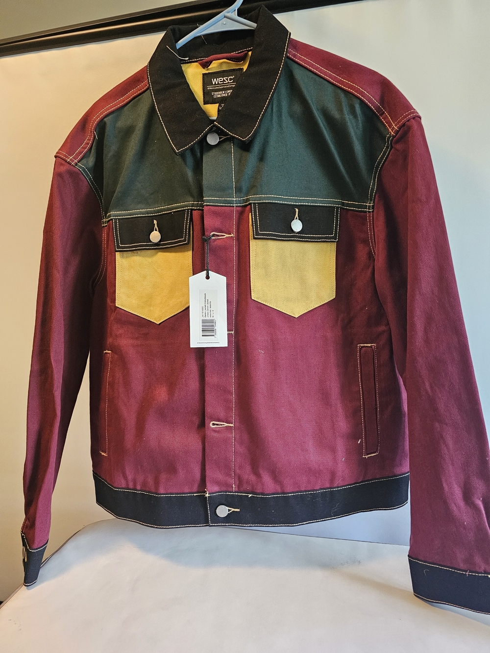 Wesc Men's Colorblock Bomber Jacket in Burgundy, Green & Yellow
